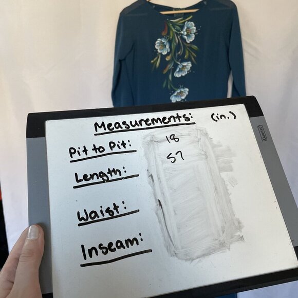 Vintage Teal Maxi Dress With Floral Hand-Painted Design & Long Sleeves high slit - Picture 6 of 10